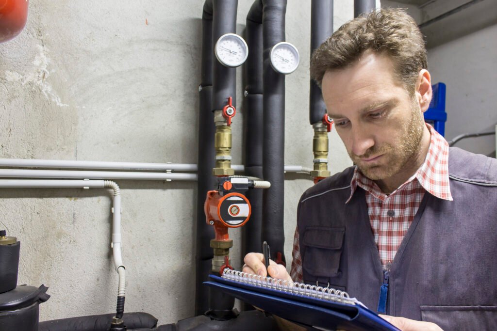 Un technicien en plomberie note des informations sur un carnet, devant un ensemble de tuyauterie avec des manomètres.