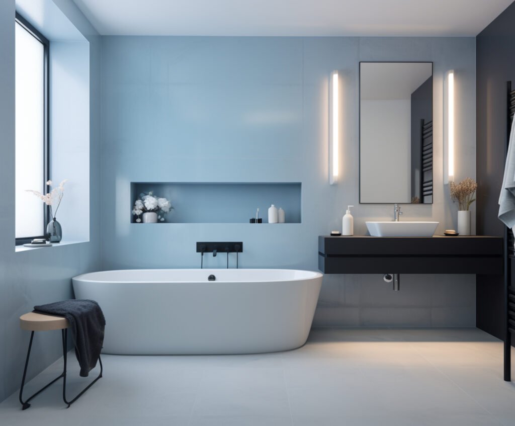 Image d'une salle de bain moderne avec une baignoire élégante et une vasque design, évoquant l'importance de l'entretien régulier pour éviter les bouchons.