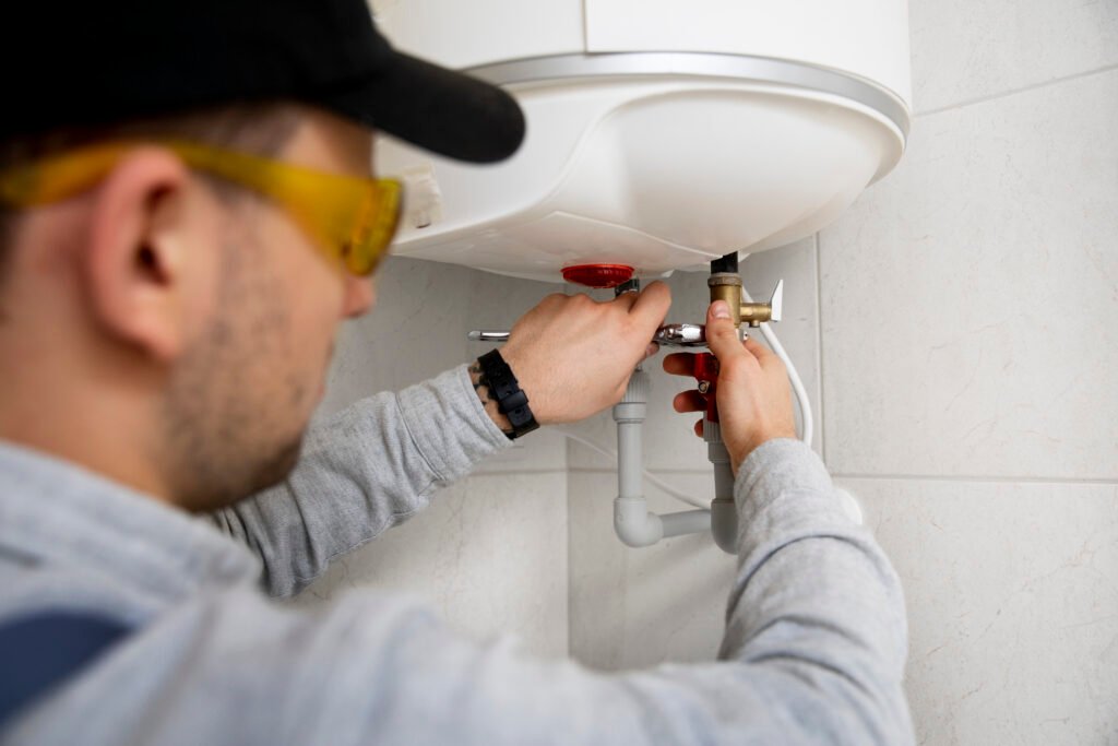 Plombier professionnel réparant ou installant un réservoir d'eau chaude accroché au mur dans une salle de bains carrelée.
