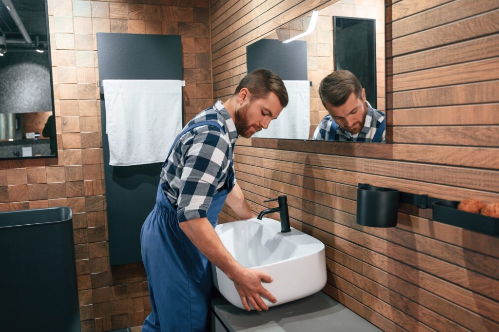 Plombier en uniforme bleu installant un lavabo moderne dans une salle de bain en bois.